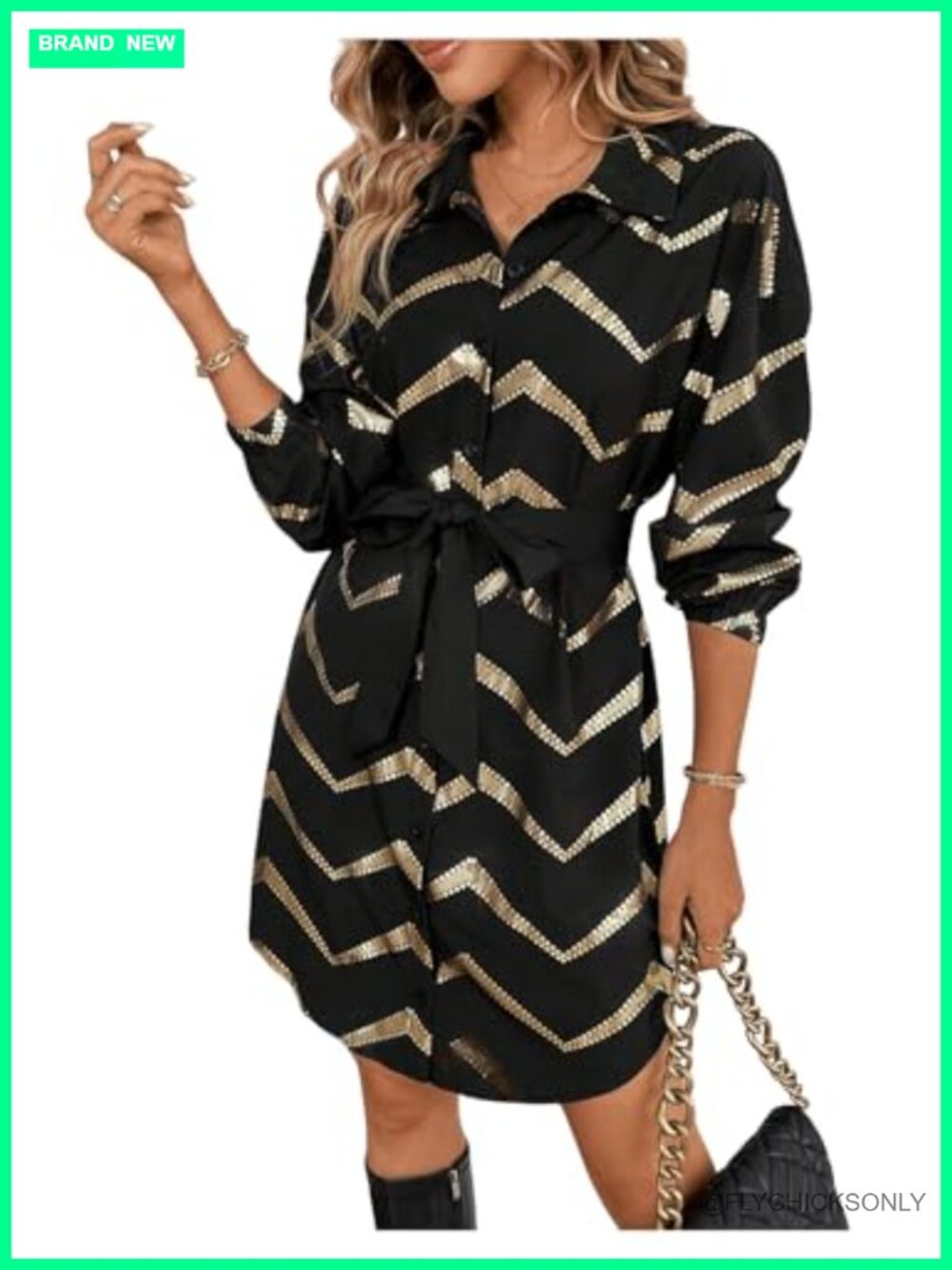 Metallic Long Sleeve Collared Button Down Knee Length C Cocktail Dress